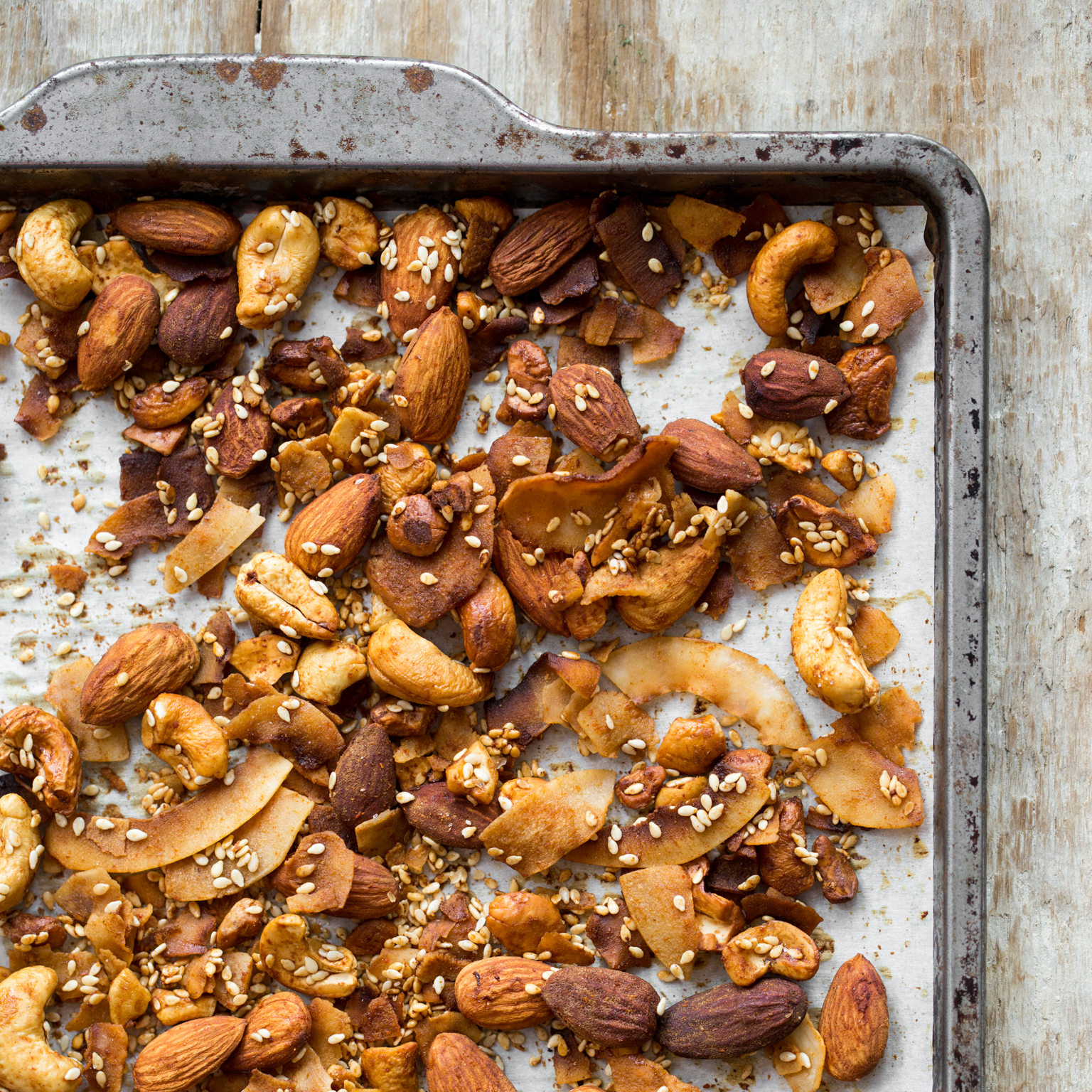 Smoky & Spicy Nut, Sesame, and Coconut ‘Bacon’ Bar Nuts