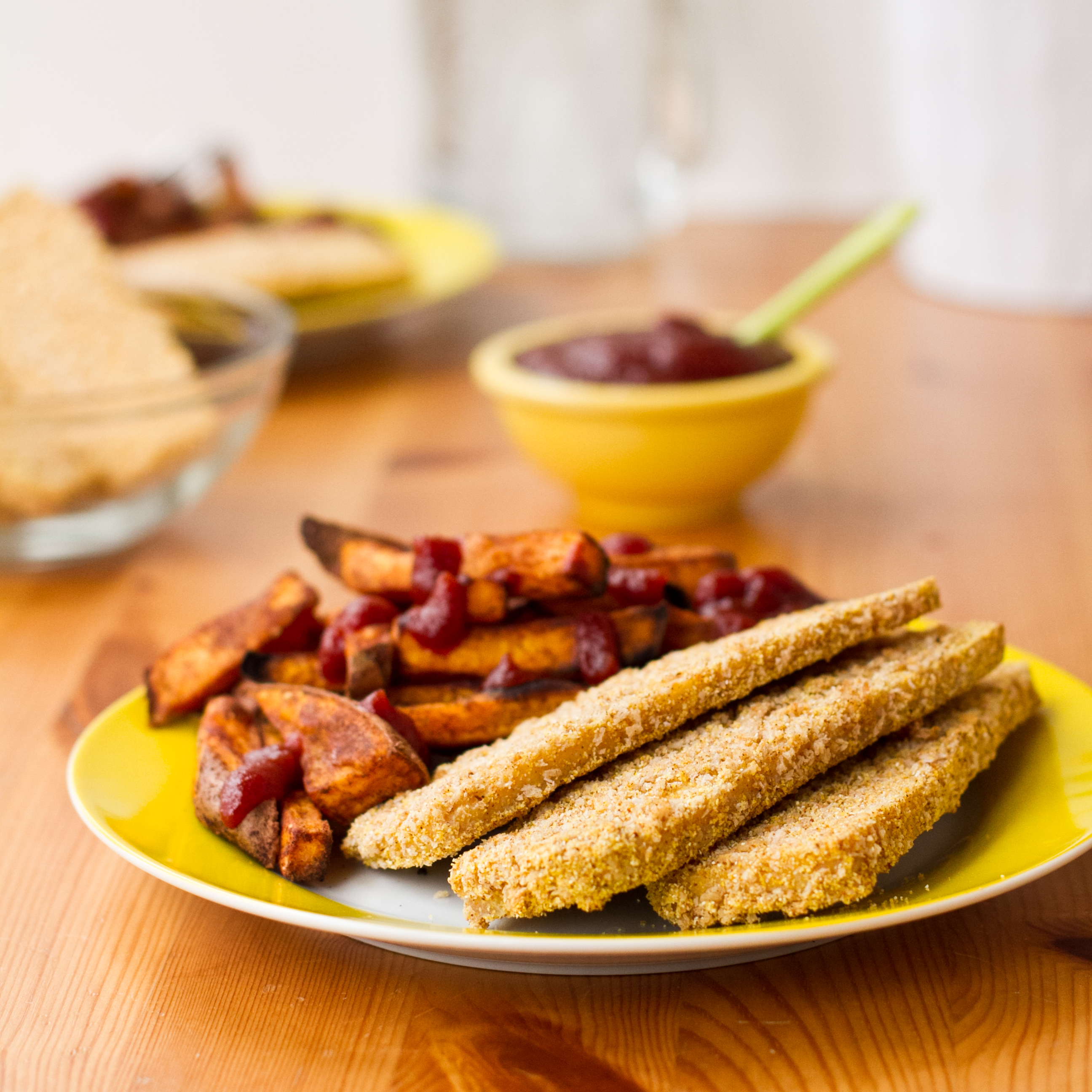 Easy Weeknight Dinner Crispy Breaded Tofu Strips & Sweet Potato Fries