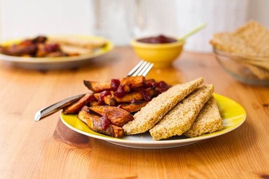 Crispy Breaded Tofu Strips and Sweet Potato Fries
