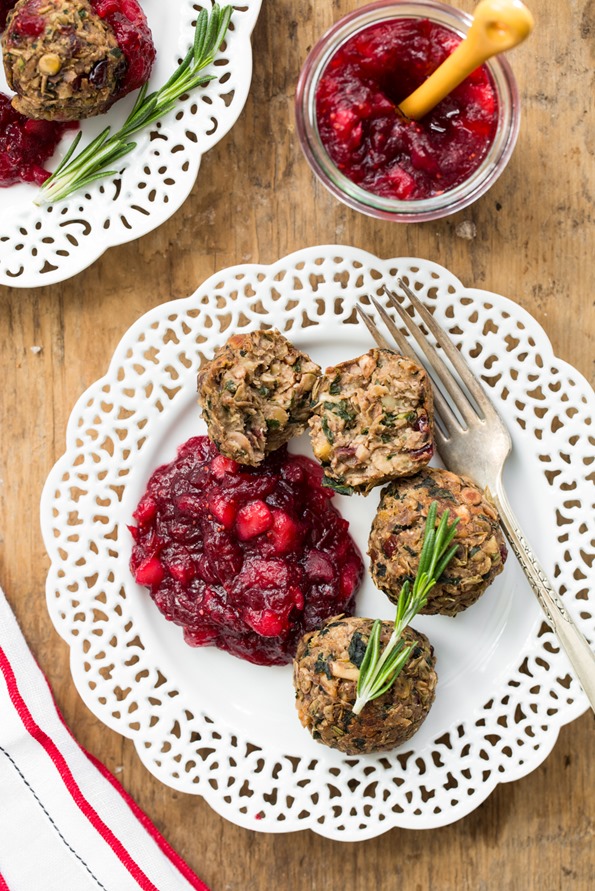 Lentil Mushroom Walnut Balls with Cranberry-Pear Sauce